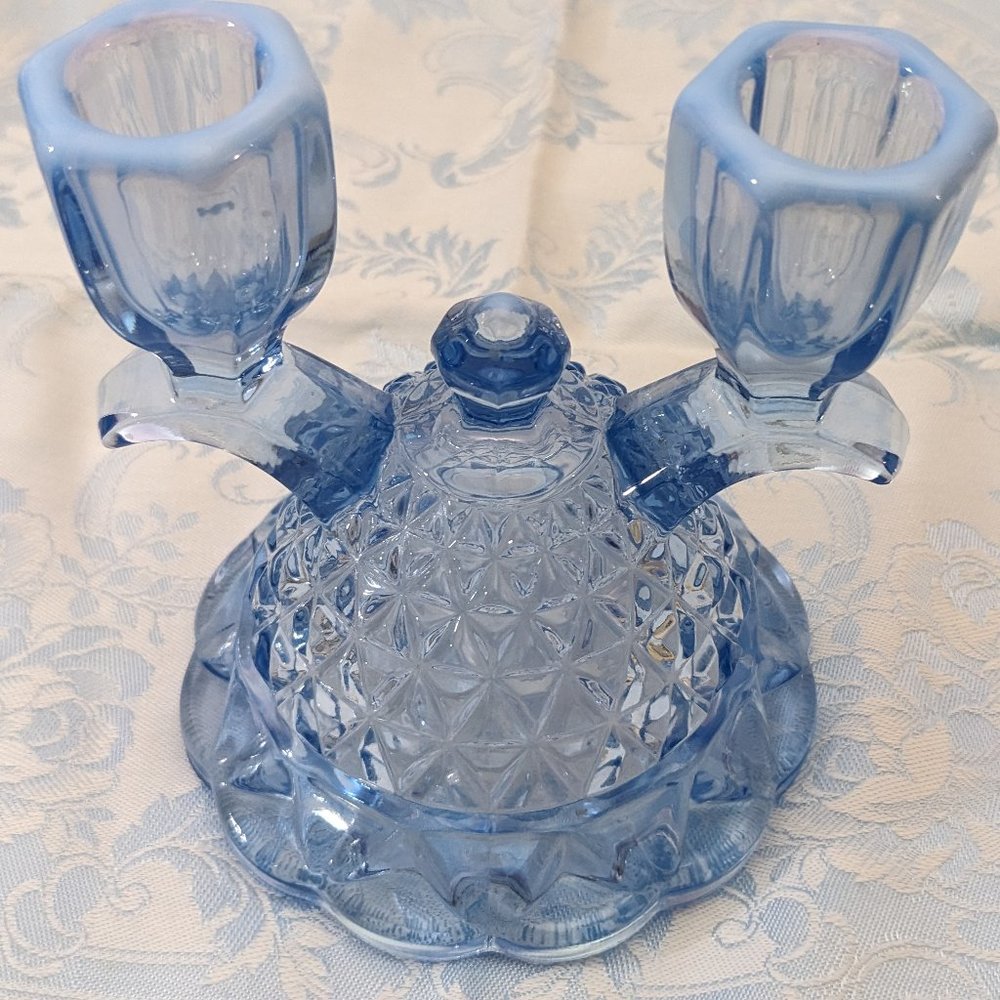 Pair of Vtg Depression Candle Holders Imperial Glass Katy Blu Lace Edge - Picture 3 of 9